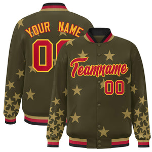 Custom Olive Red-Yellow Star Graffiti Pattern Varsity Full-Snap Bomber Jacket