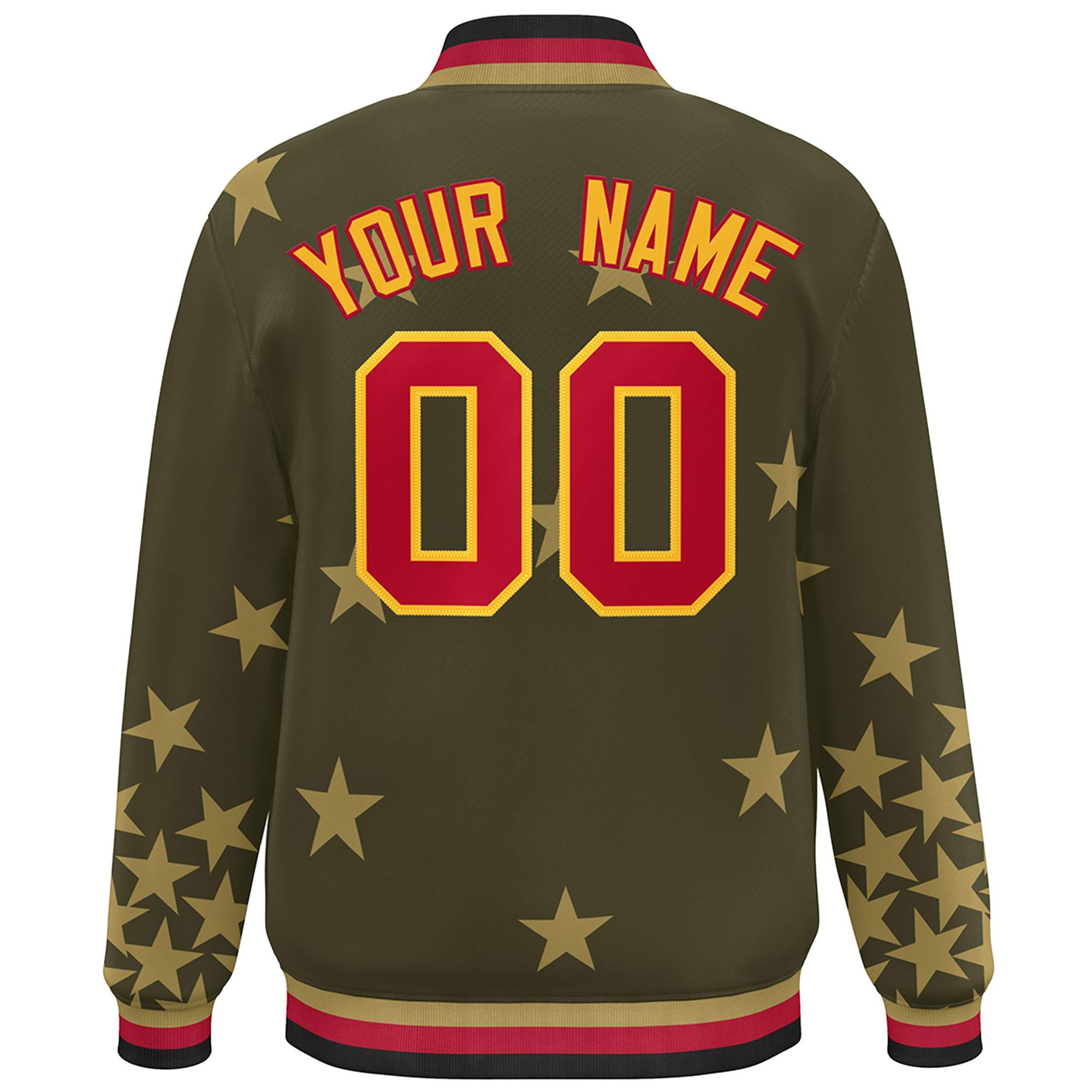 Custom Olive Red-Yellow Star Graffiti Pattern Varsity Full-Snap Bomber Jacket