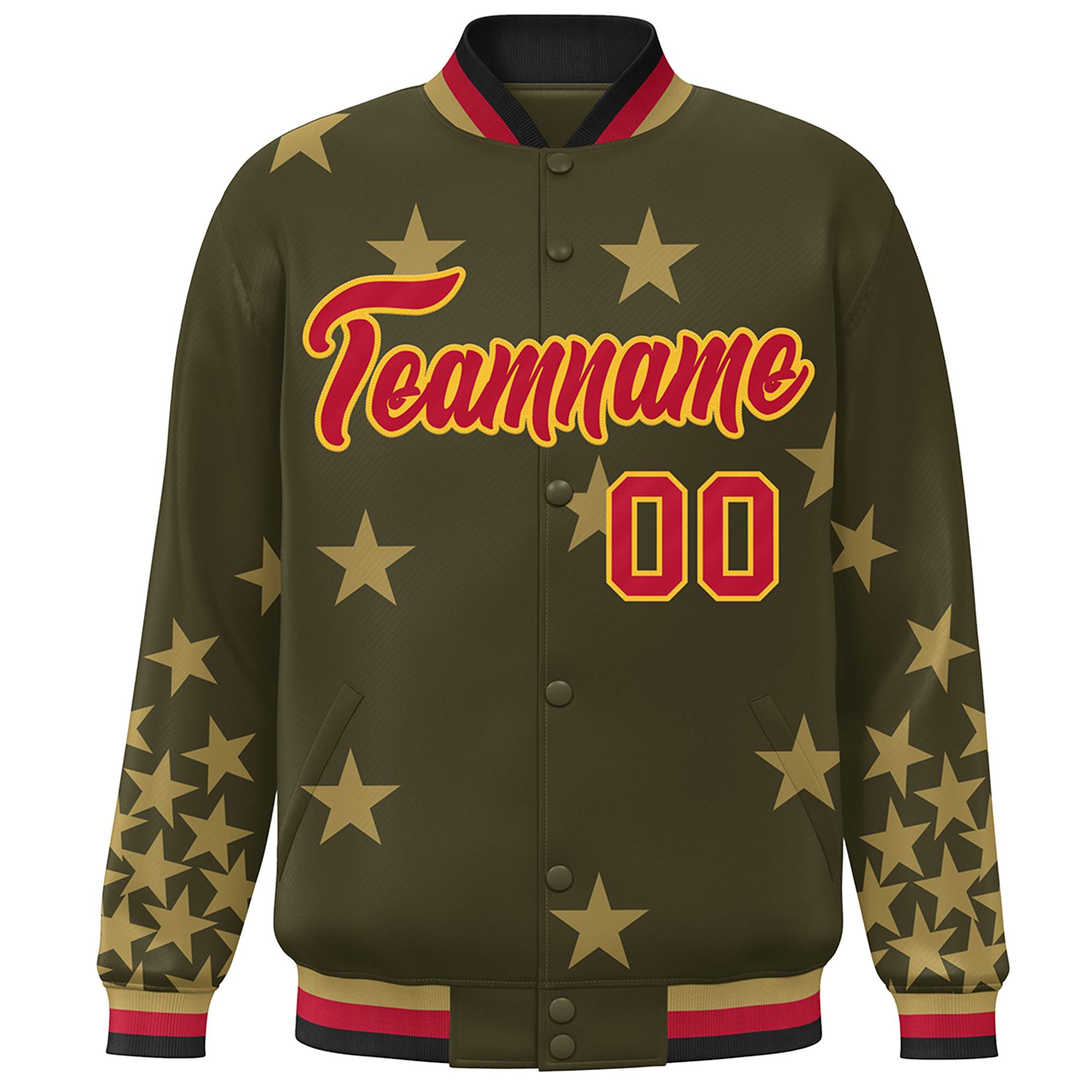 Custom Olive Red-Yellow Star Graffiti Pattern Varsity Full-Snap Bomber Jacket