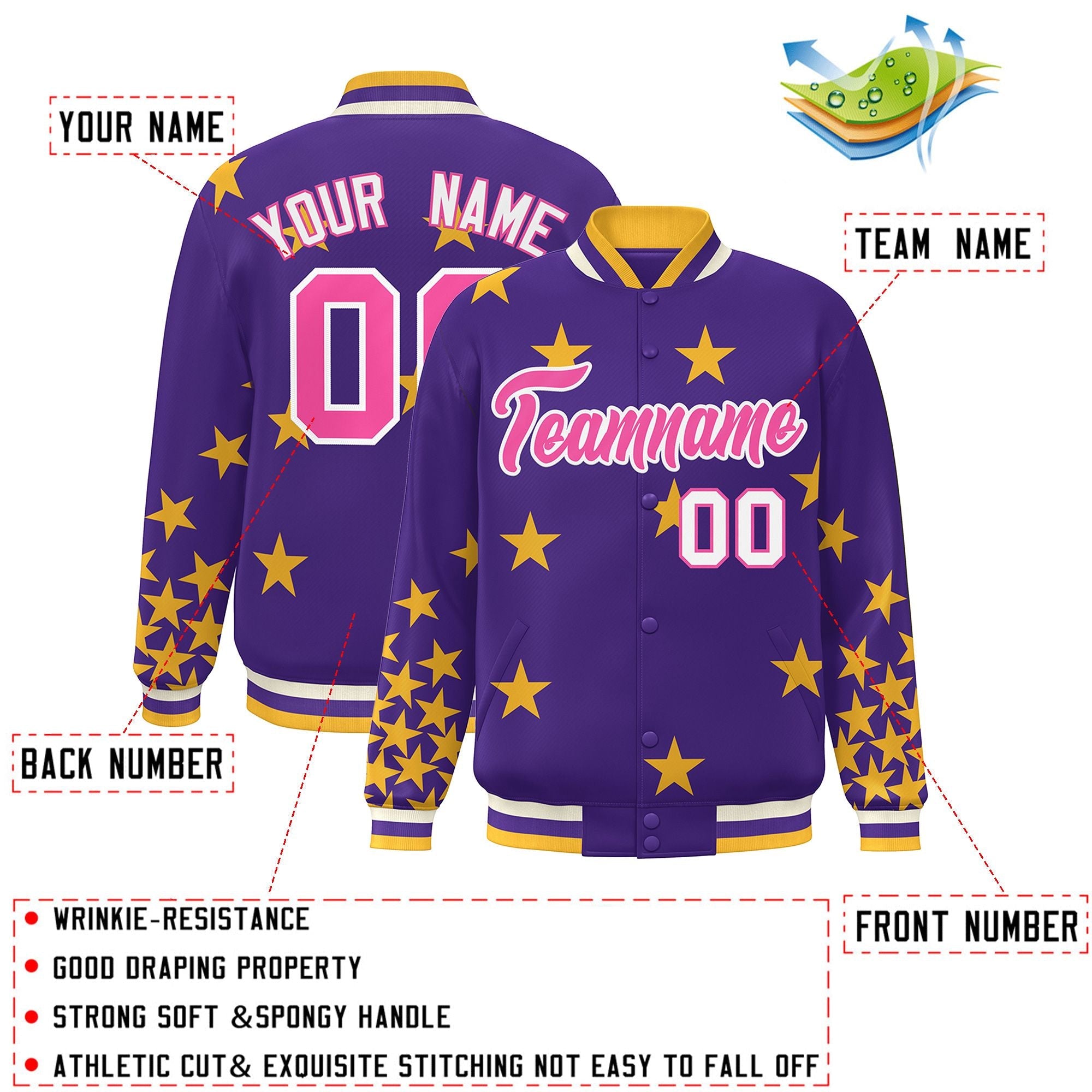 Custom Purple Pink-White Star Graffiti Pattern Varsity Full-Snap Bomber Jacket