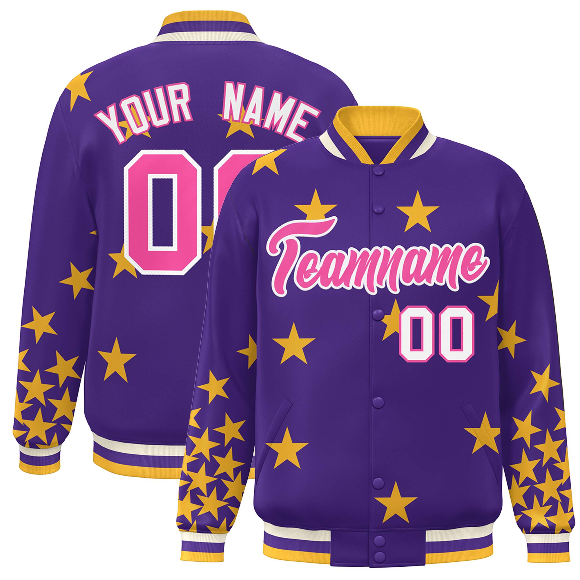 Custom Purple Pink-White Star Graffiti Pattern Varsity Full-Snap Bomber Jacket