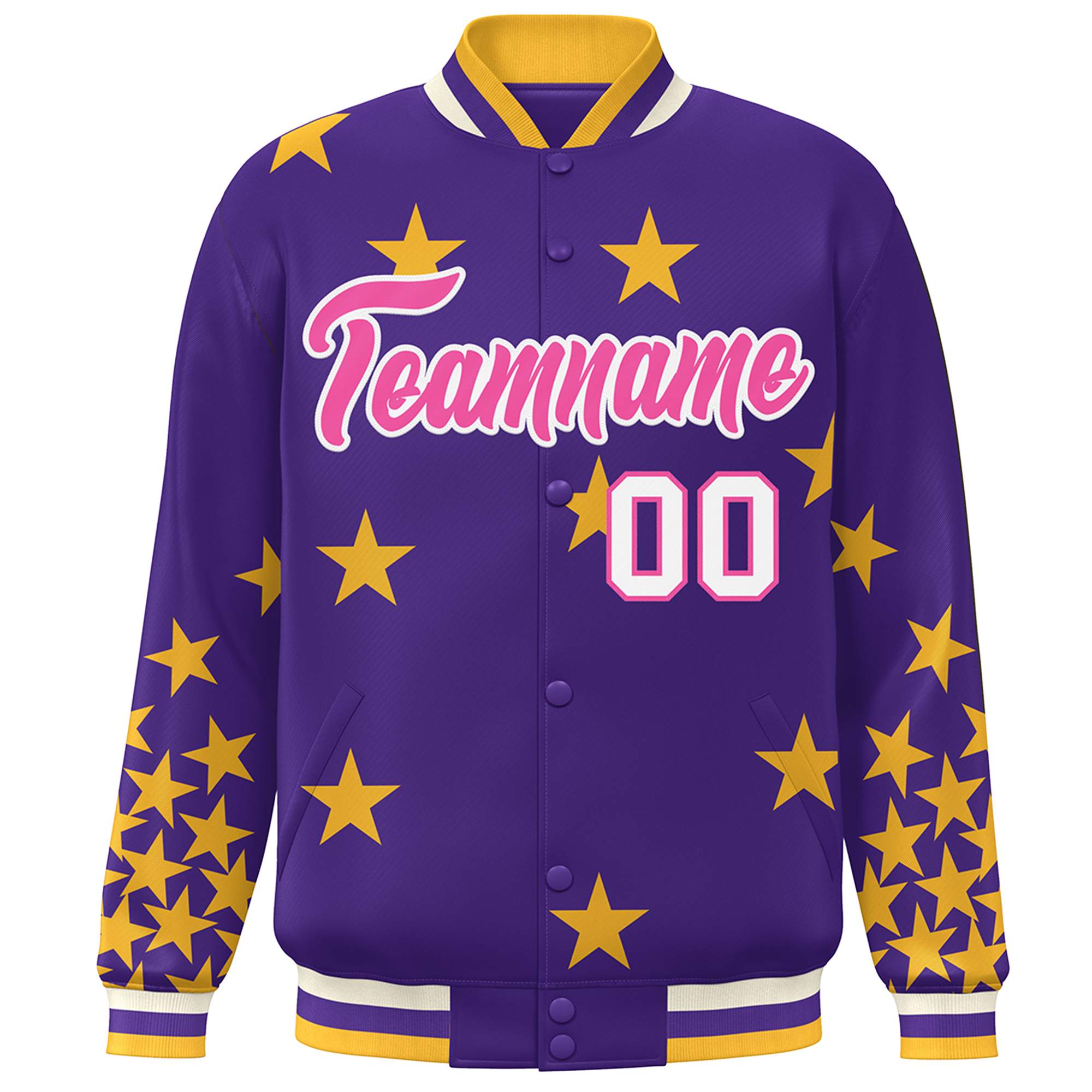 Custom Purple Pink-White Star Graffiti Pattern Varsity Full-Snap Bomber Jacket