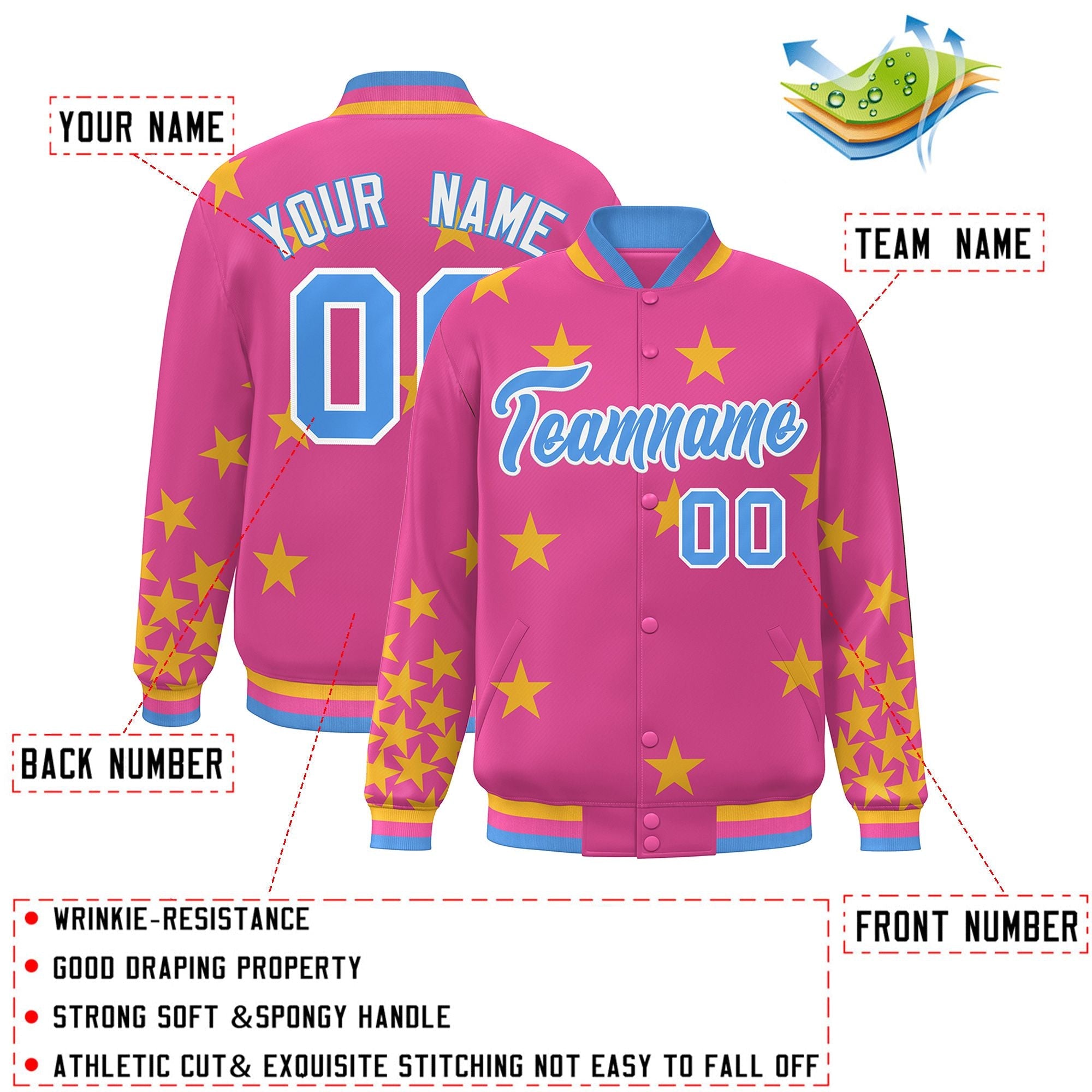 Custom Pink Powder Blue-White Star Graffiti Pattern Varsity Full-Snap Bomber Jacket