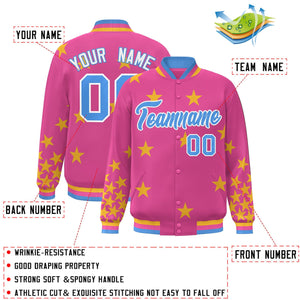 Custom Pink Powder Blue-White Star Graffiti Pattern Varsity Full-Snap Bomber Jacket