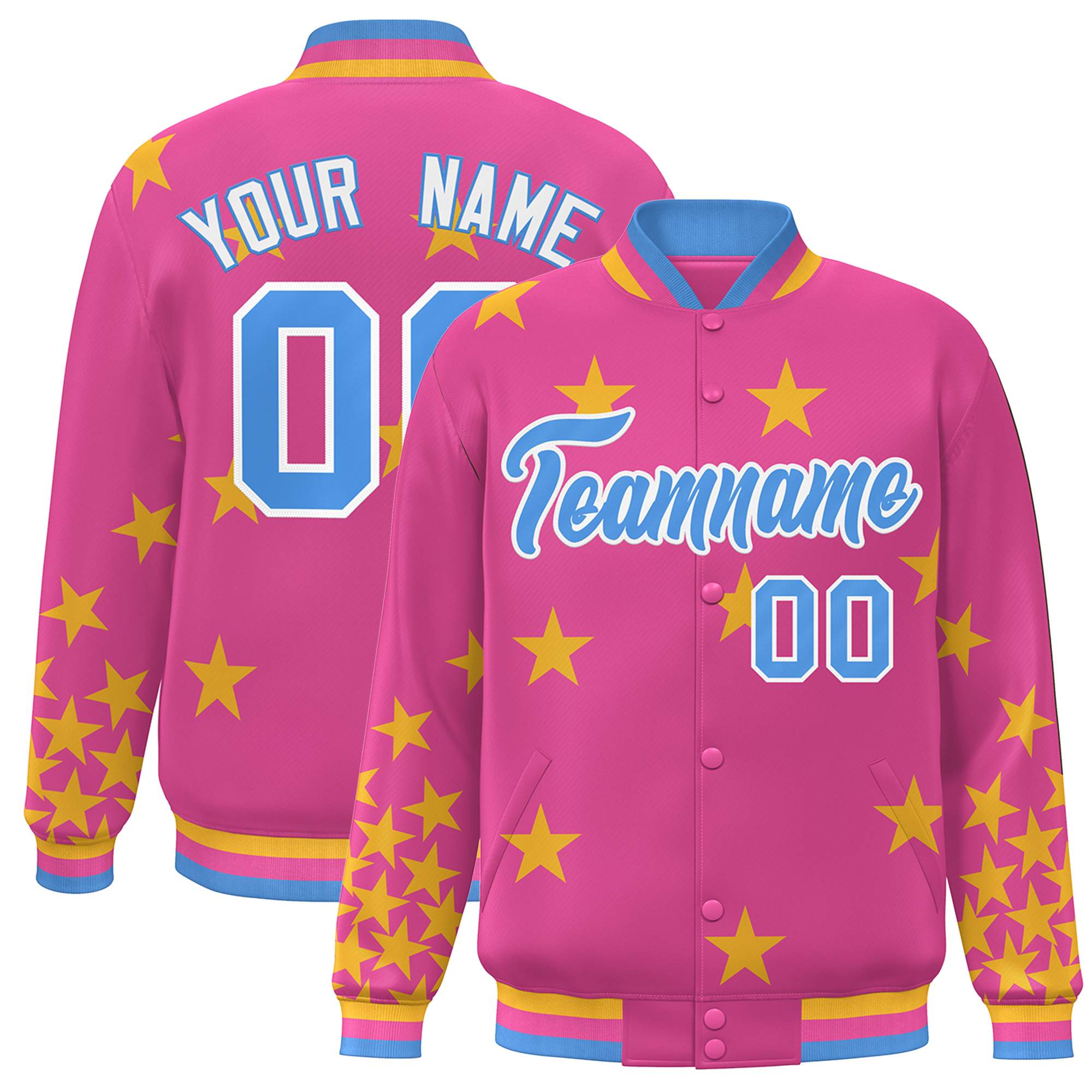 Custom Pink Powder Blue-White Star Graffiti Pattern Varsity Full-Snap Bomber Jacket