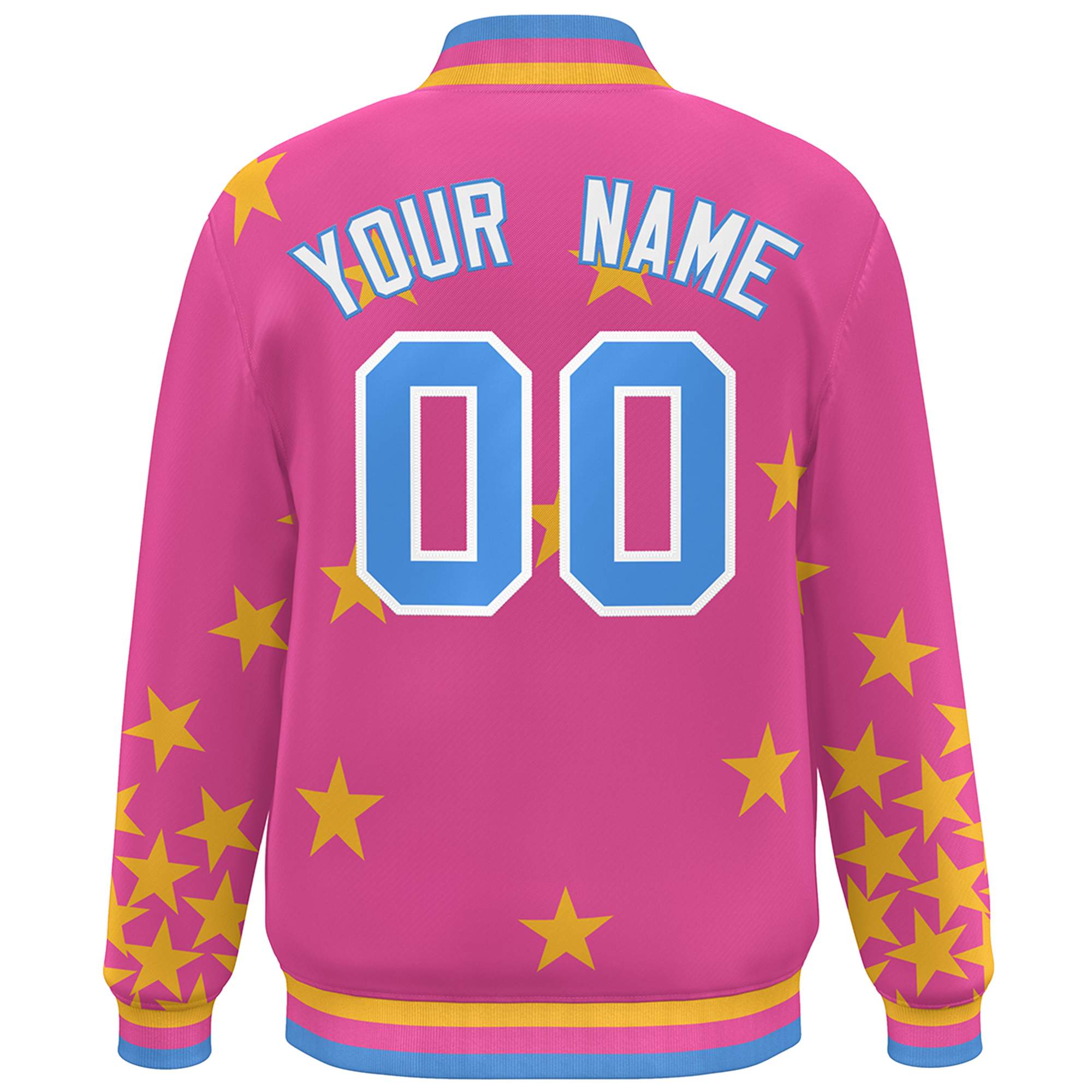 Custom Pink Powder Blue-White Star Graffiti Pattern Varsity Full-Snap Bomber Jacket