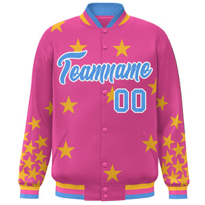 Custom Pink Powder Blue-White Star Graffiti Pattern Varsity Full-Snap Bomber Jacket