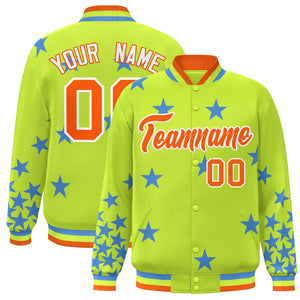 Custom Neon Green Orange-White Star Graffiti Pattern Varsity Full-Snap Bomber Jacket