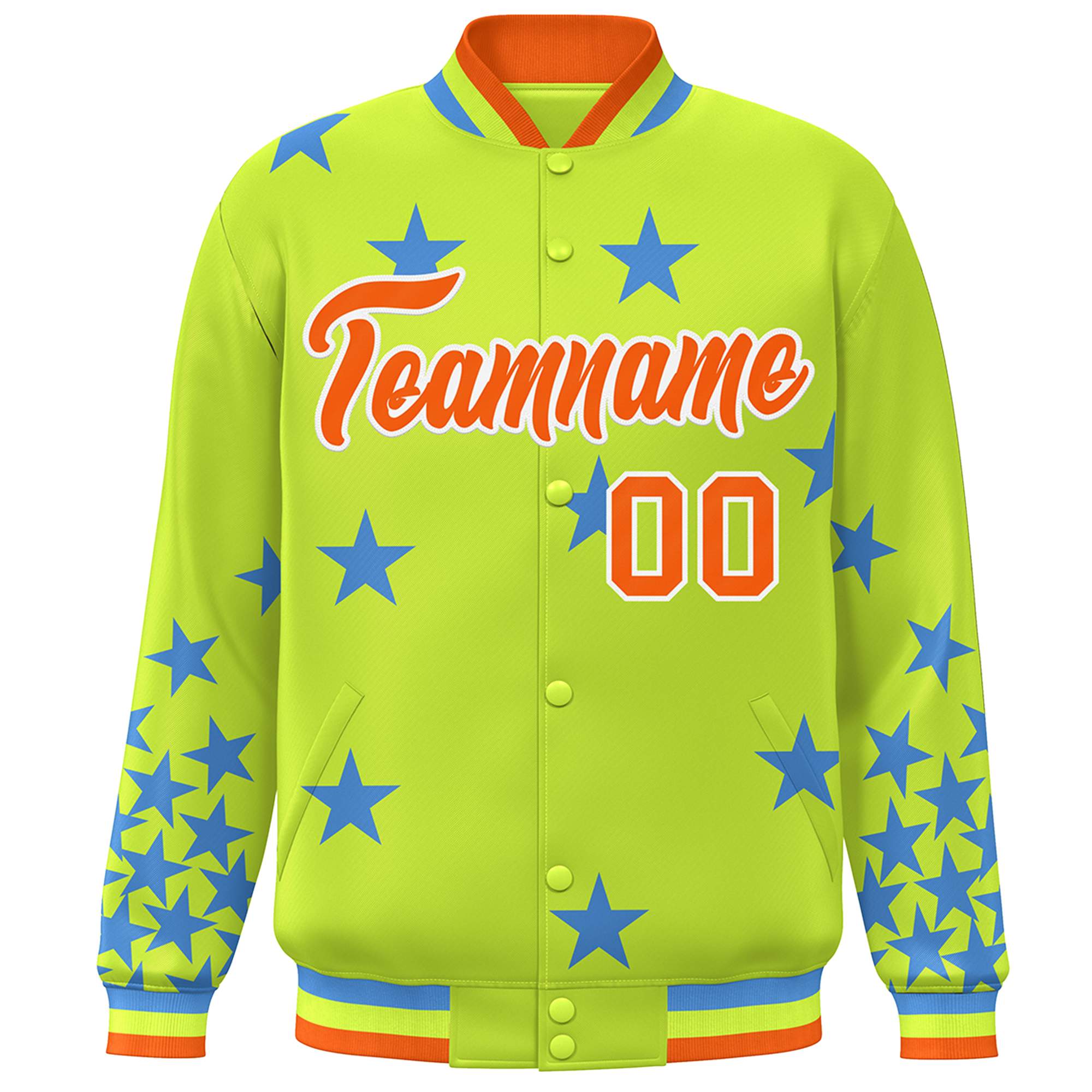 Custom Neon Green Orange-White Star Graffiti Pattern Varsity Full-Snap Bomber Jacket