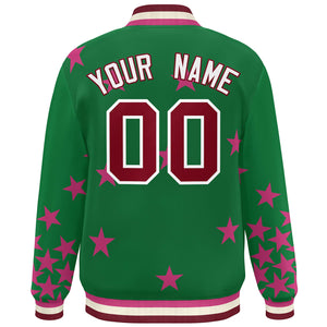 Custom Kelly Green Crimson-White Star Graffiti Pattern Varsity Full-Snap Bomber Jacket