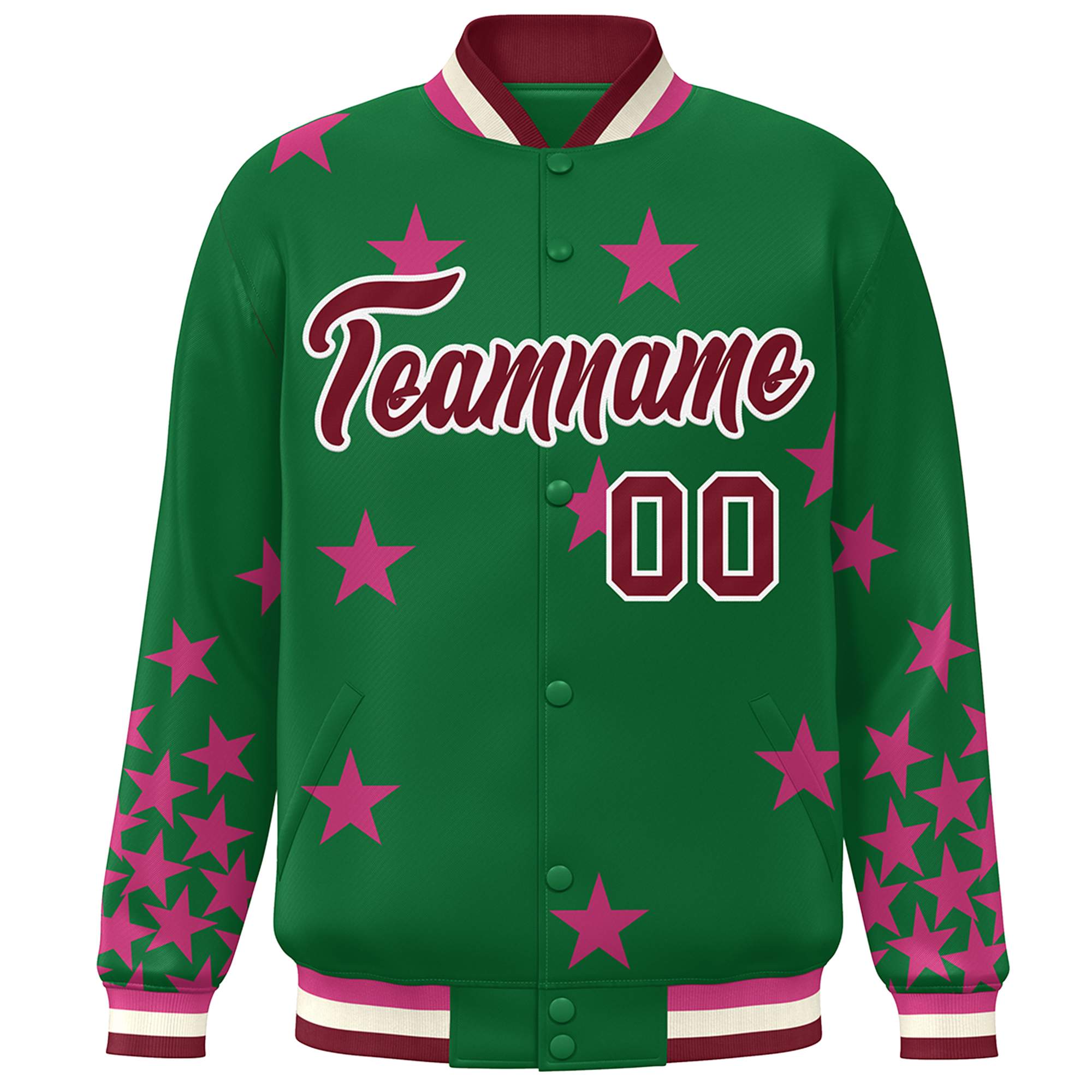 Custom Kelly Green Crimson-White Star Graffiti Pattern Varsity Full-Snap Bomber Jacket