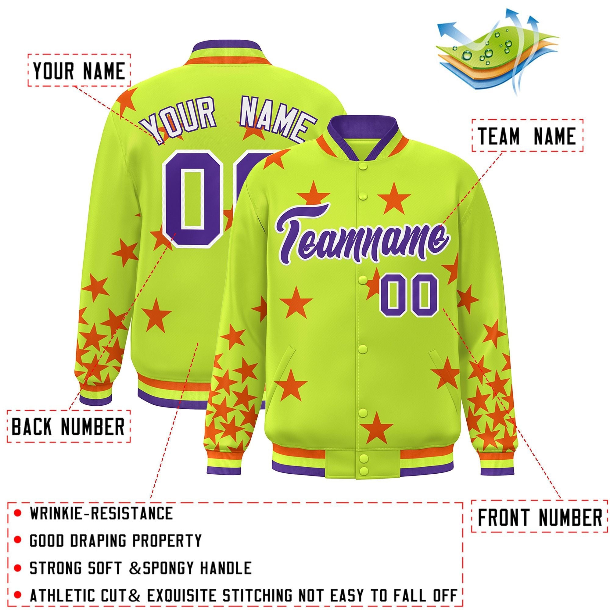 Custom Neon Green Purple-White Star Graffiti Pattern Varsity Full-Snap Bomber Jacket