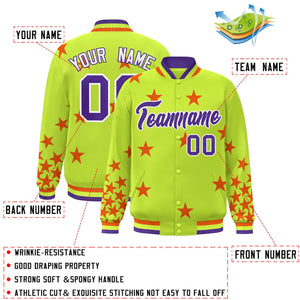 Custom Neon Green Purple-White Star Graffiti Pattern Varsity Full-Snap Bomber Jacket