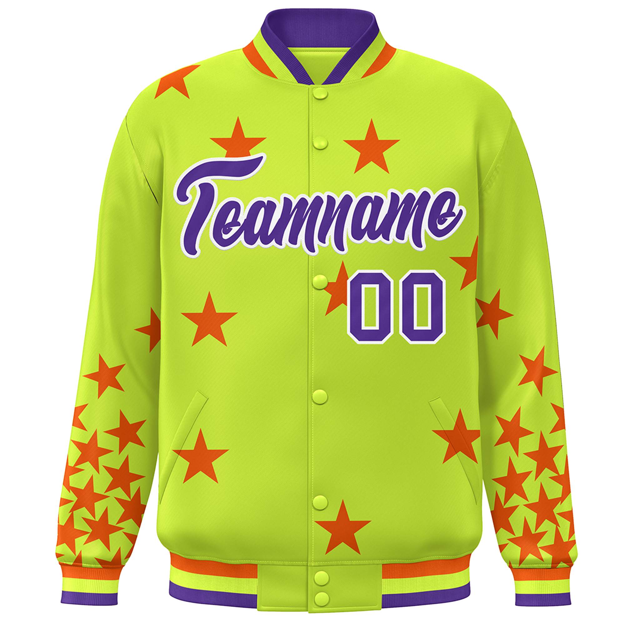 Custom Neon Green Purple-White Star Graffiti Pattern Varsity Full-Snap Bomber Jacket