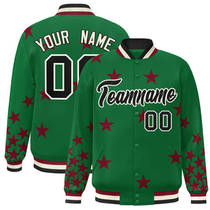 Custom Kelly Green Black-White Star Graffiti Pattern Varsity Full-Snap Bomber Jacket