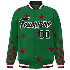 Custom Kelly Green Black-White Star Graffiti Pattern Varsity Full-Snap Bomber Jacket