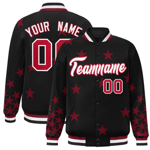 Custom Black White-Red Star Graffiti Pattern Varsity Full-Snap Bomber Jacket