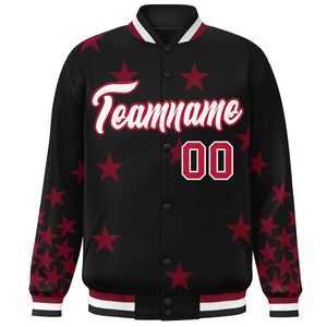 Custom Black White-Red Star Graffiti Pattern Varsity Full-Snap Bomber Jacket