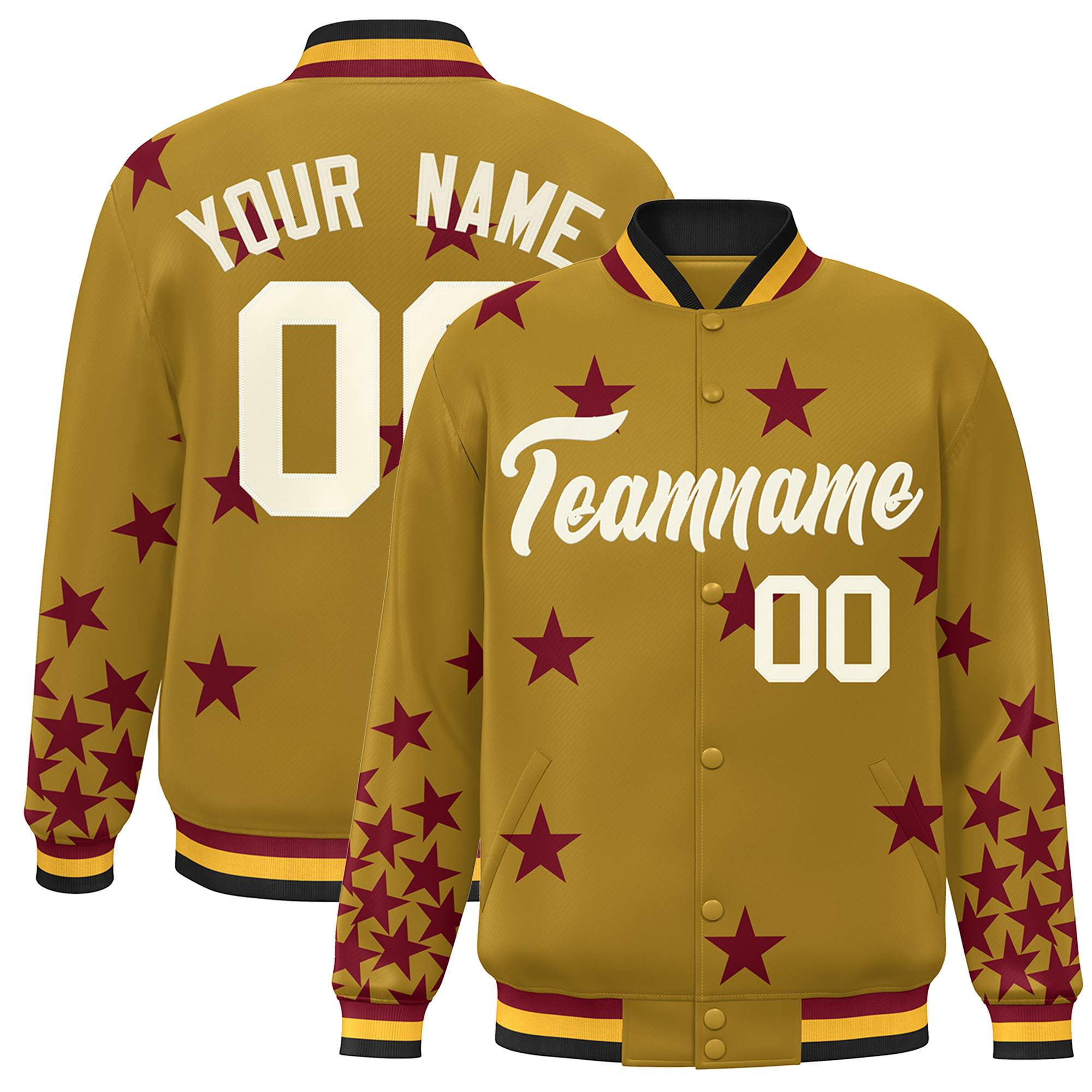 Custom Old Gold Cream-White Star Graffiti Pattern Varsity Full-Snap Bomber Jacket