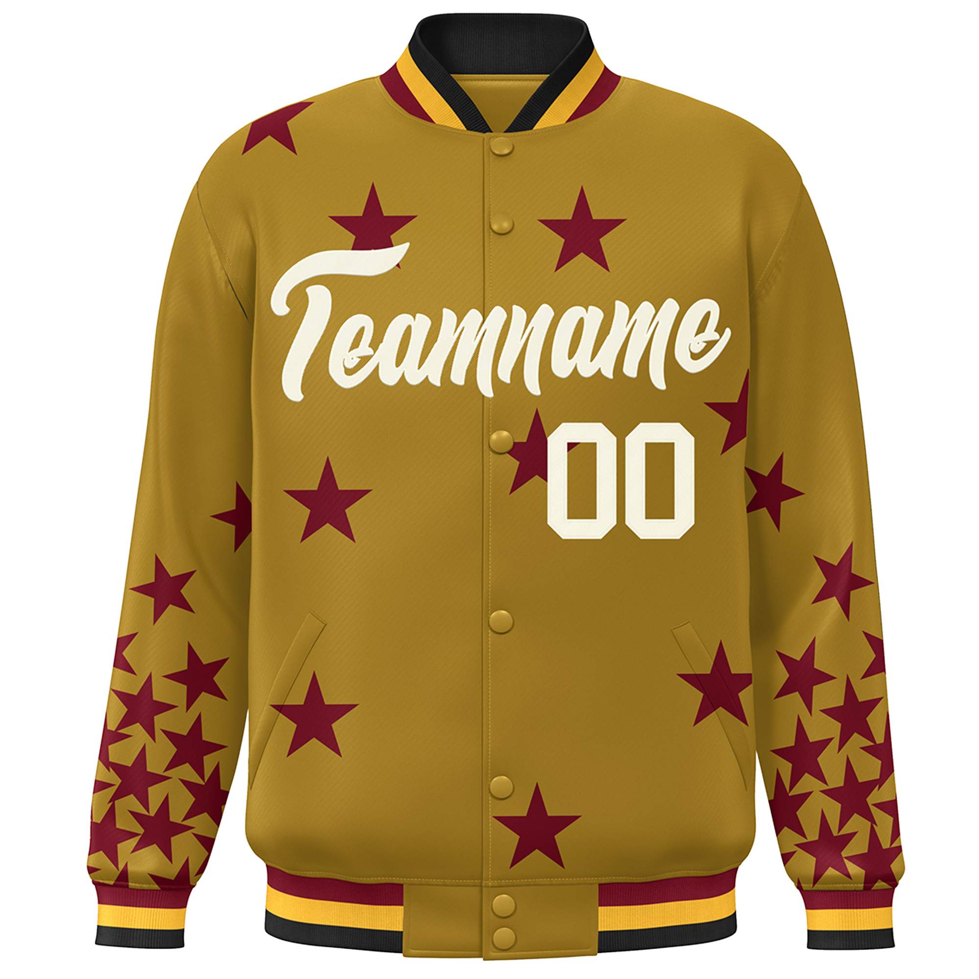 Custom Old Gold Cream-White Star Graffiti Pattern Varsity Full-Snap Bomber Jacket