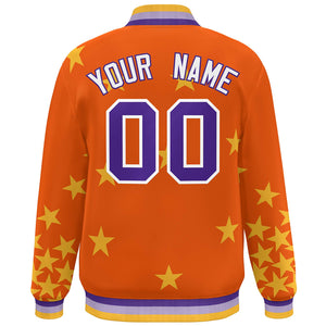 Custom Orange Purple-White Star Graffiti Pattern Varsity Full-Snap Bomber Jacket