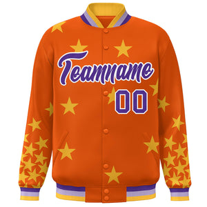 Custom Orange Purple-White Star Graffiti Pattern Varsity Full-Snap Bomber Jacket