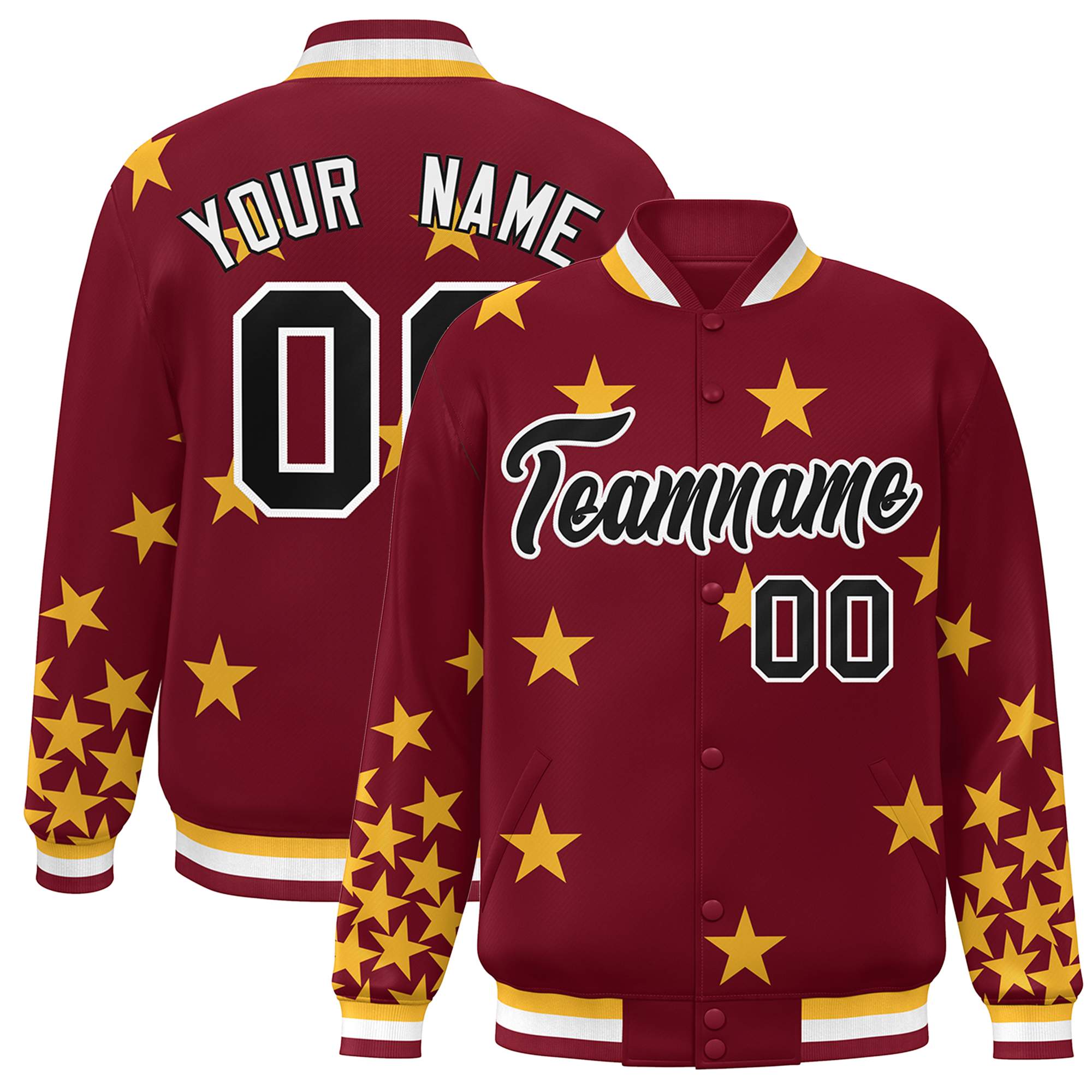 Custom Crimson Black-White Star Graffiti Pattern Varsity Full-Snap Bomber Jacket