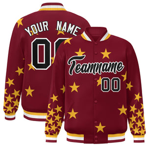 Custom Crimson Black-White Star Graffiti Pattern Varsity Full-Snap Bomber Jacket