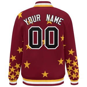 Custom Crimson Black-White Star Graffiti Pattern Varsity Full-Snap Bomber Jacket