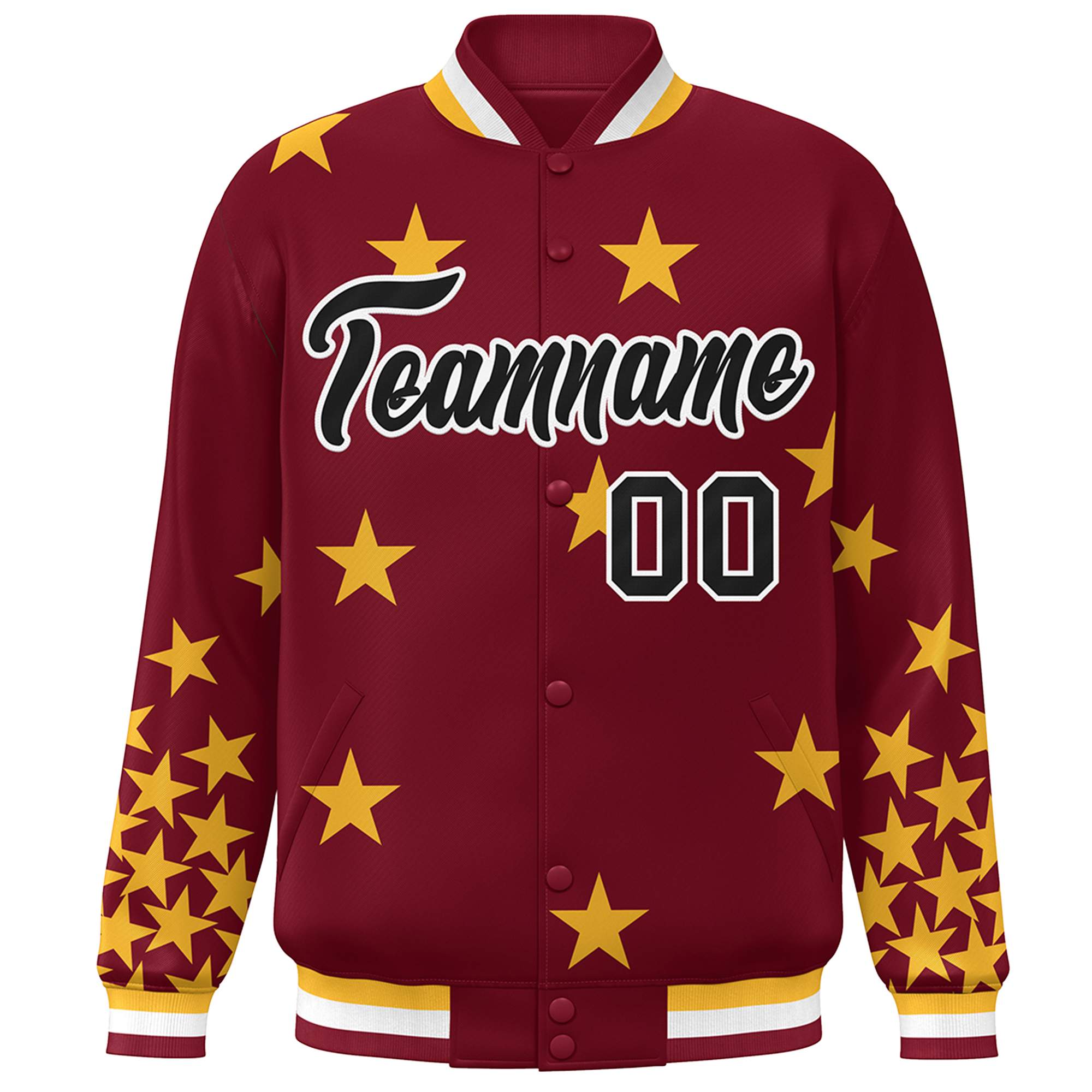 Custom Crimson Black-White Star Graffiti Pattern Varsity Full-Snap Bomber Jacket