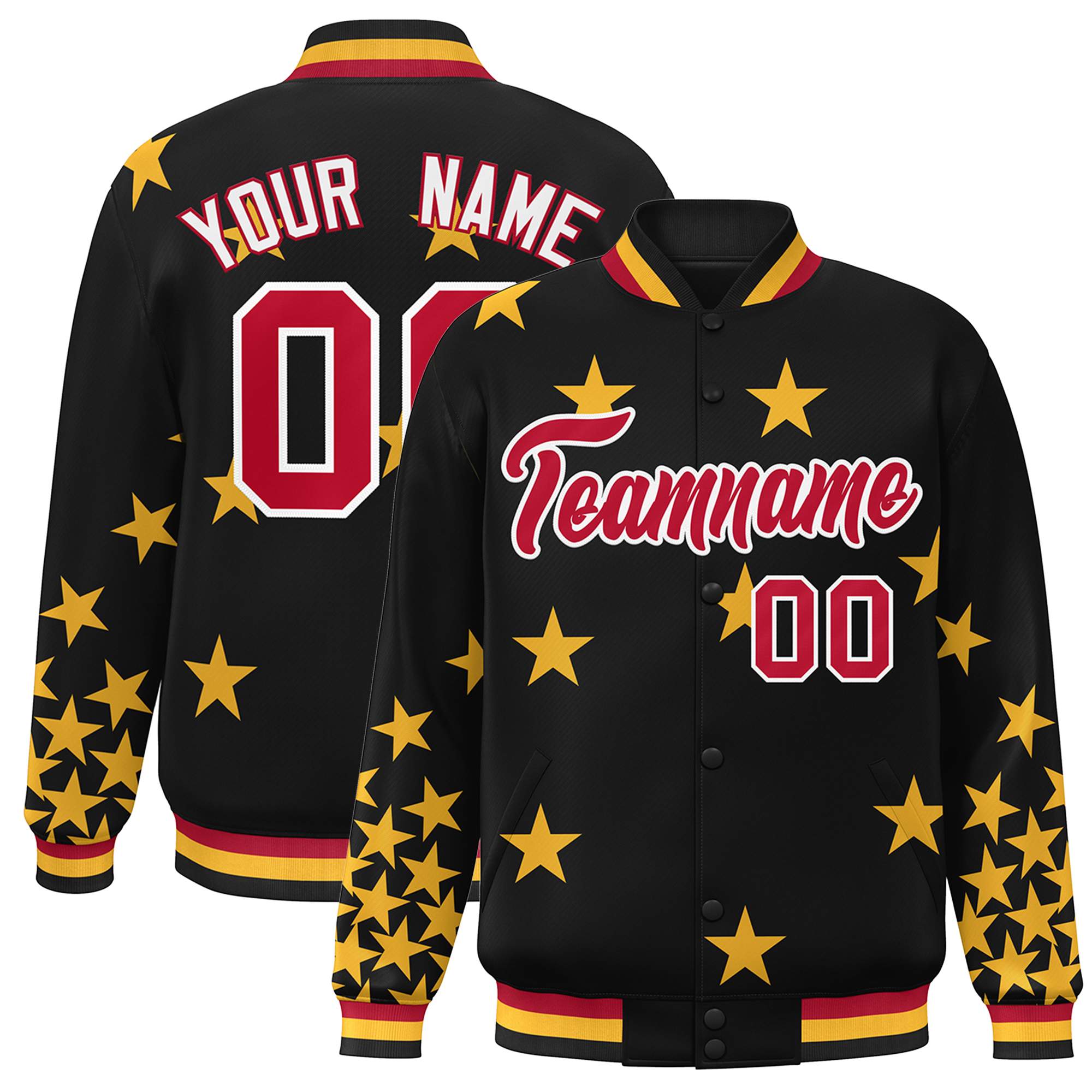 Custom Black Red-White Star Graffiti Pattern Varsity Full-Snap Bomber Jacket