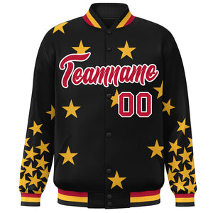 Custom Black Red-White Star Graffiti Pattern Varsity Full-Snap Bomber Jacket