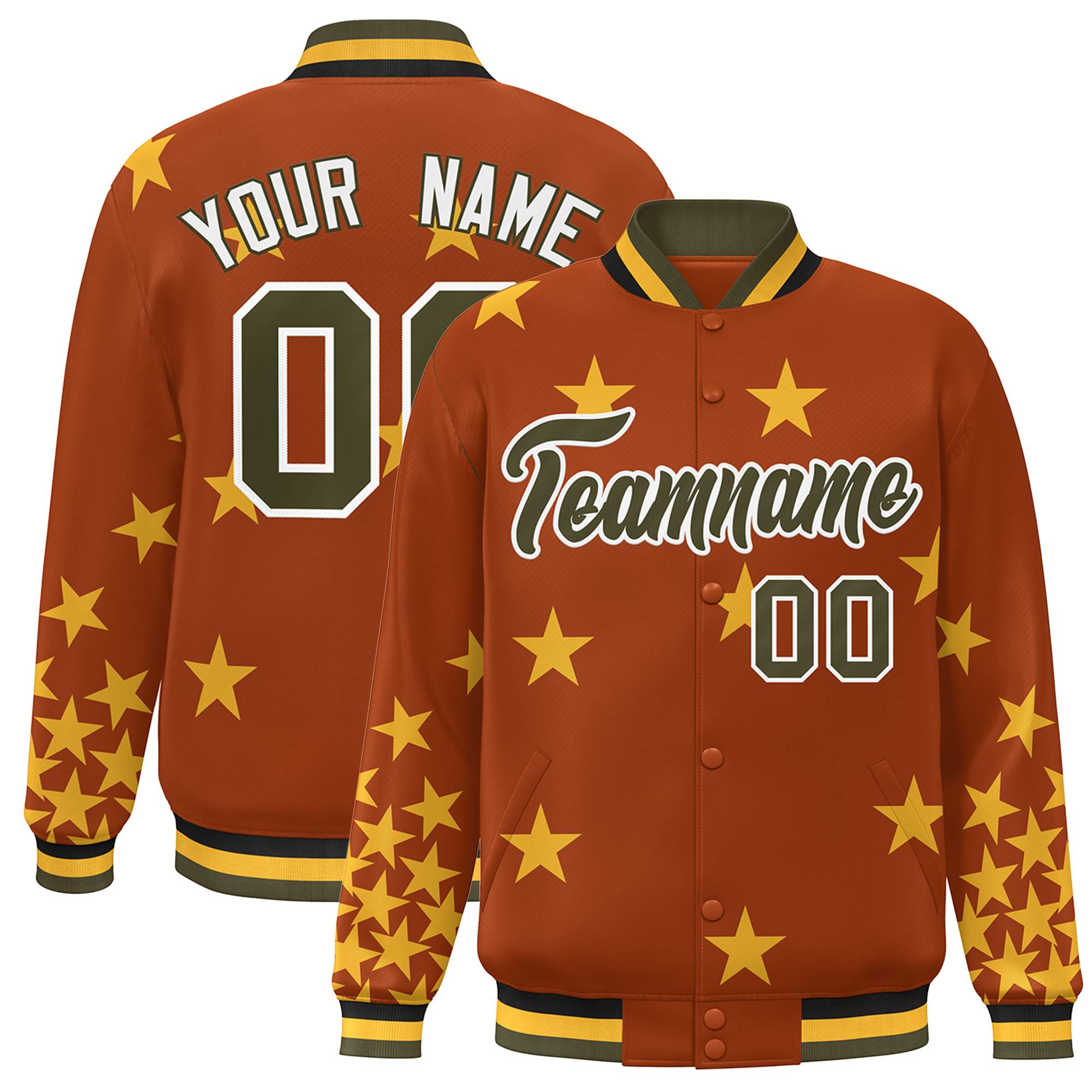 Custom Orange Olive-White Star Graffiti Pattern Varsity Full-Snap Bomber Jacket