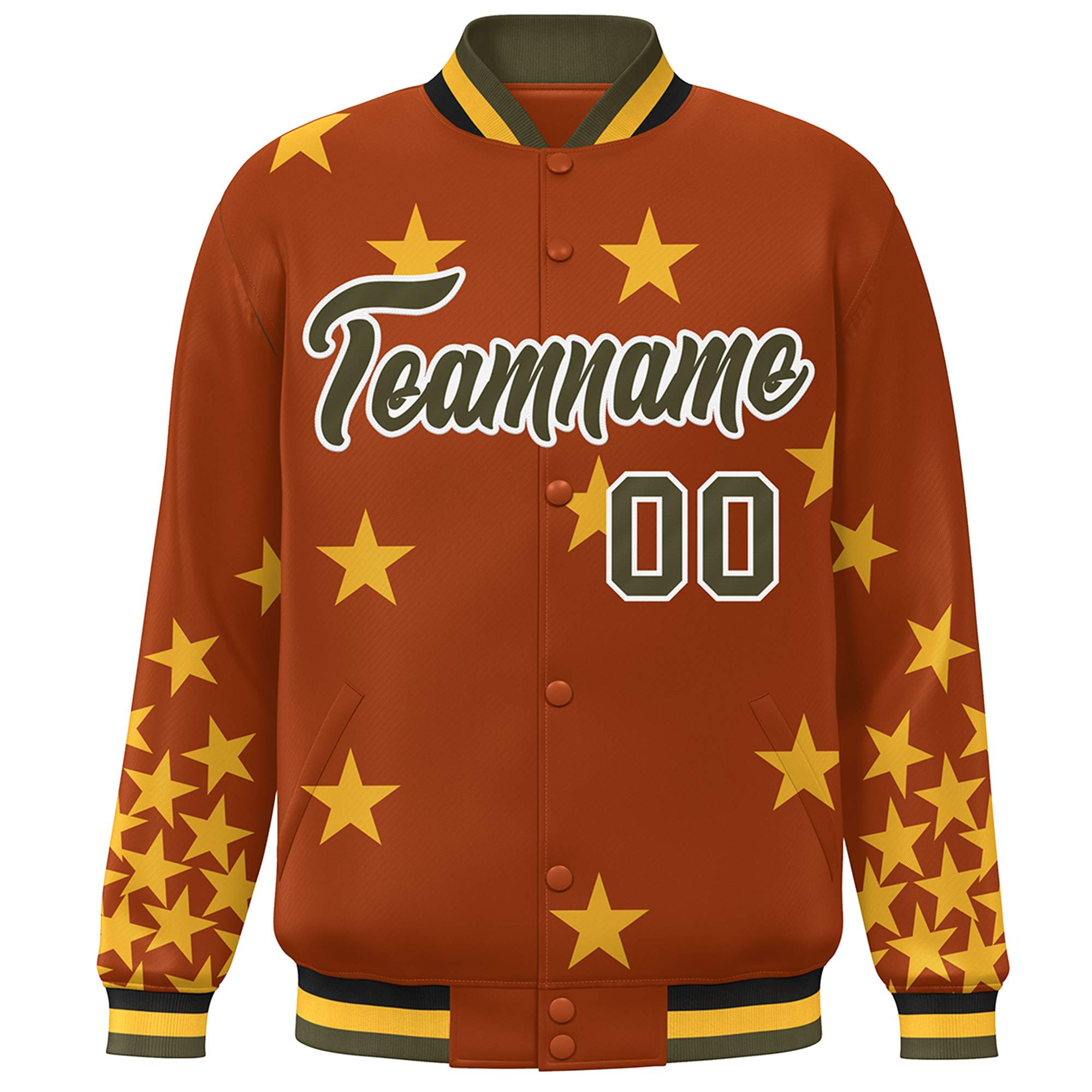 Custom Orange Olive-White Star Graffiti Pattern Varsity Full-Snap Bomber Jacket