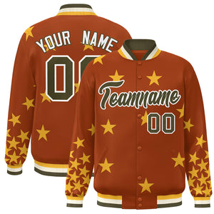 Custom Orange Olive-White Star Graffiti Pattern Varsity Full-Snap Bomber Jacket