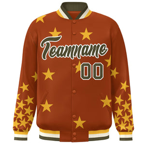 Custom Orange Olive-White Star Graffiti Pattern Varsity Full-Snap Bomber Jacket