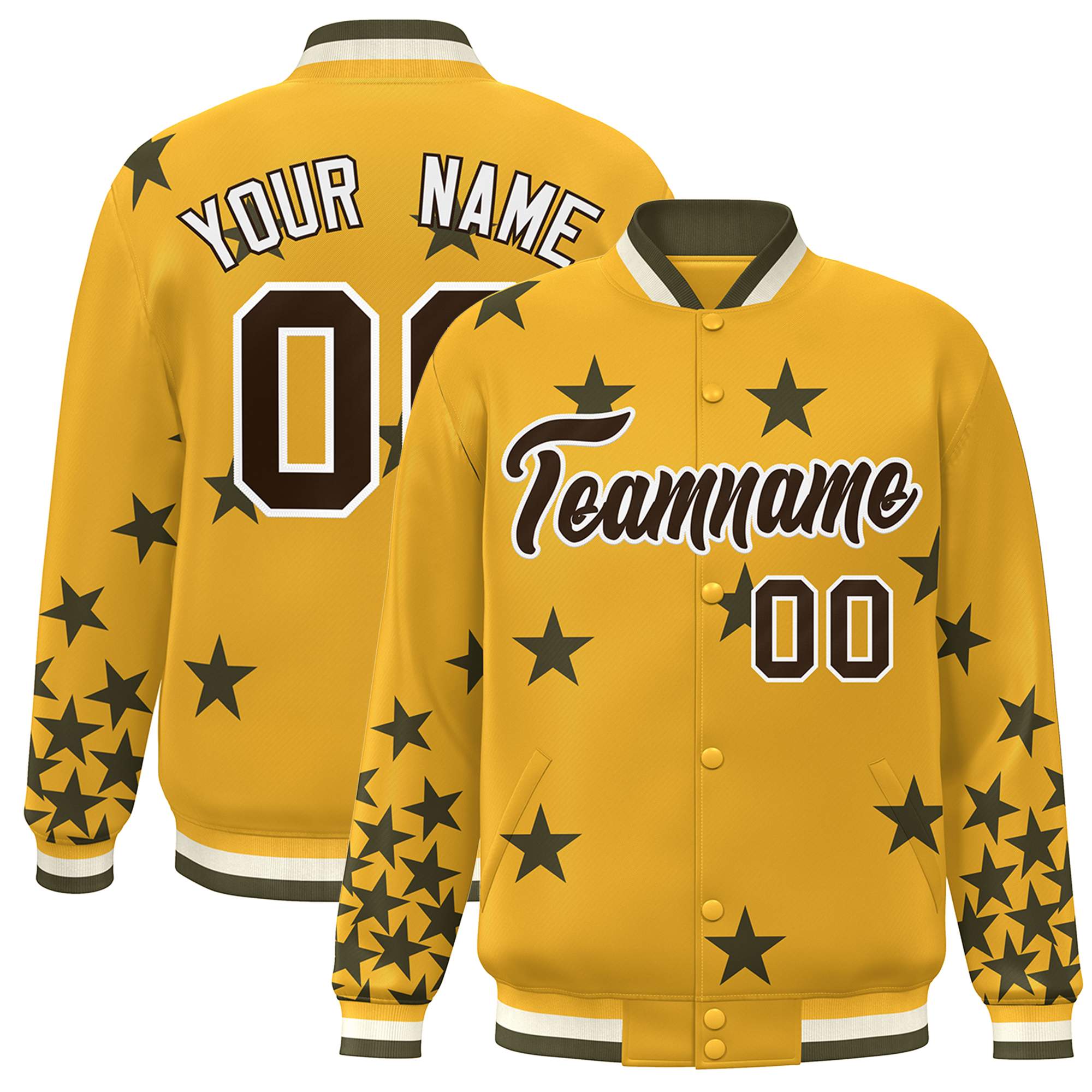 Custom Gold Black-White Star Graffiti Pattern Varsity Full-Snap Bomber Jacket