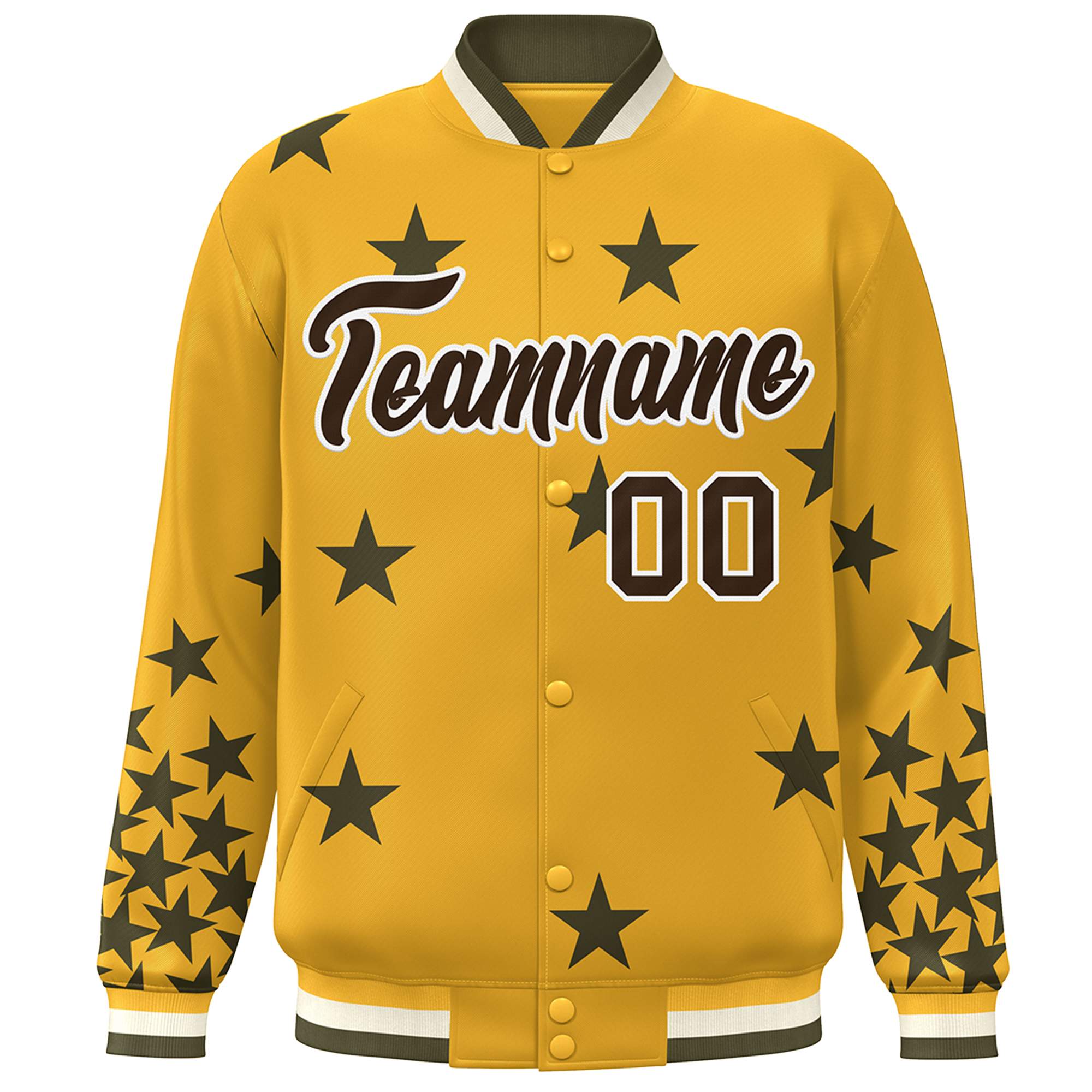 Custom Gold Black-White Star Graffiti Pattern Varsity Full-Snap Bomber Jacket