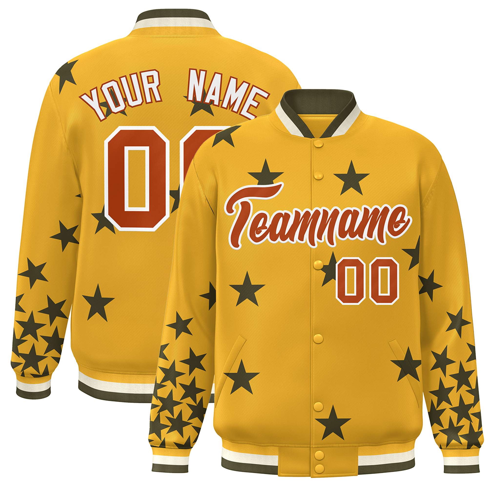 Custom Gold Brown-White Star Graffiti Pattern Varsity Full-Snap Bomber Jacket