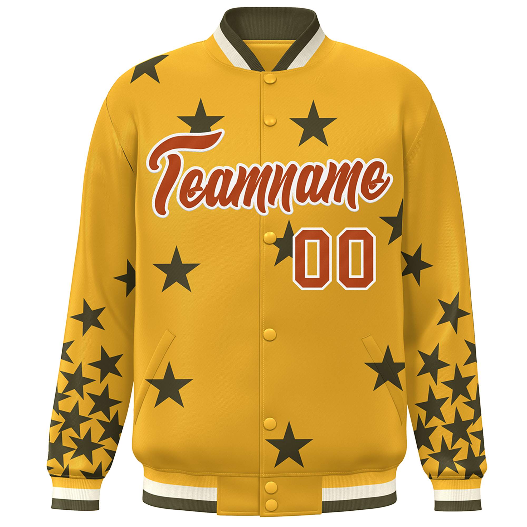 Custom Gold Brown-White Star Graffiti Pattern Varsity Full-Snap Bomber Jacket