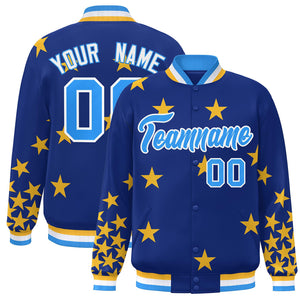 Custom Royal Powder Blue-White Star Graffiti Pattern Varsity Full-Snap Bomber Jacket