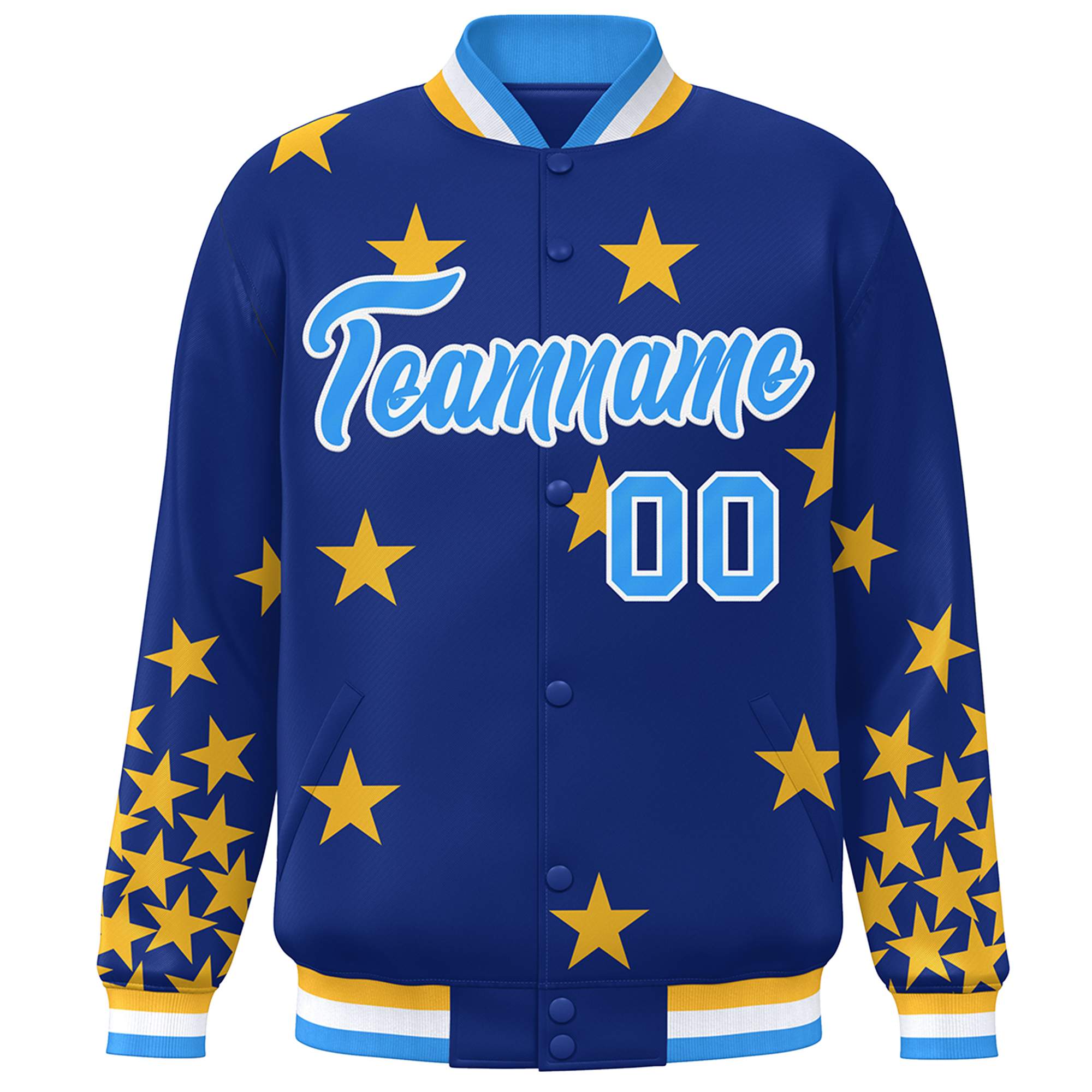 Custom Royal Powder Blue-White Star Graffiti Pattern Varsity Full-Snap Bomber Jacket