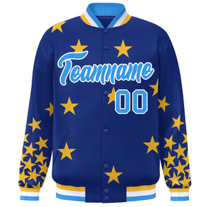 Custom Royal Powder Blue-White Star Graffiti Pattern Varsity Full-Snap Bomber Jacket