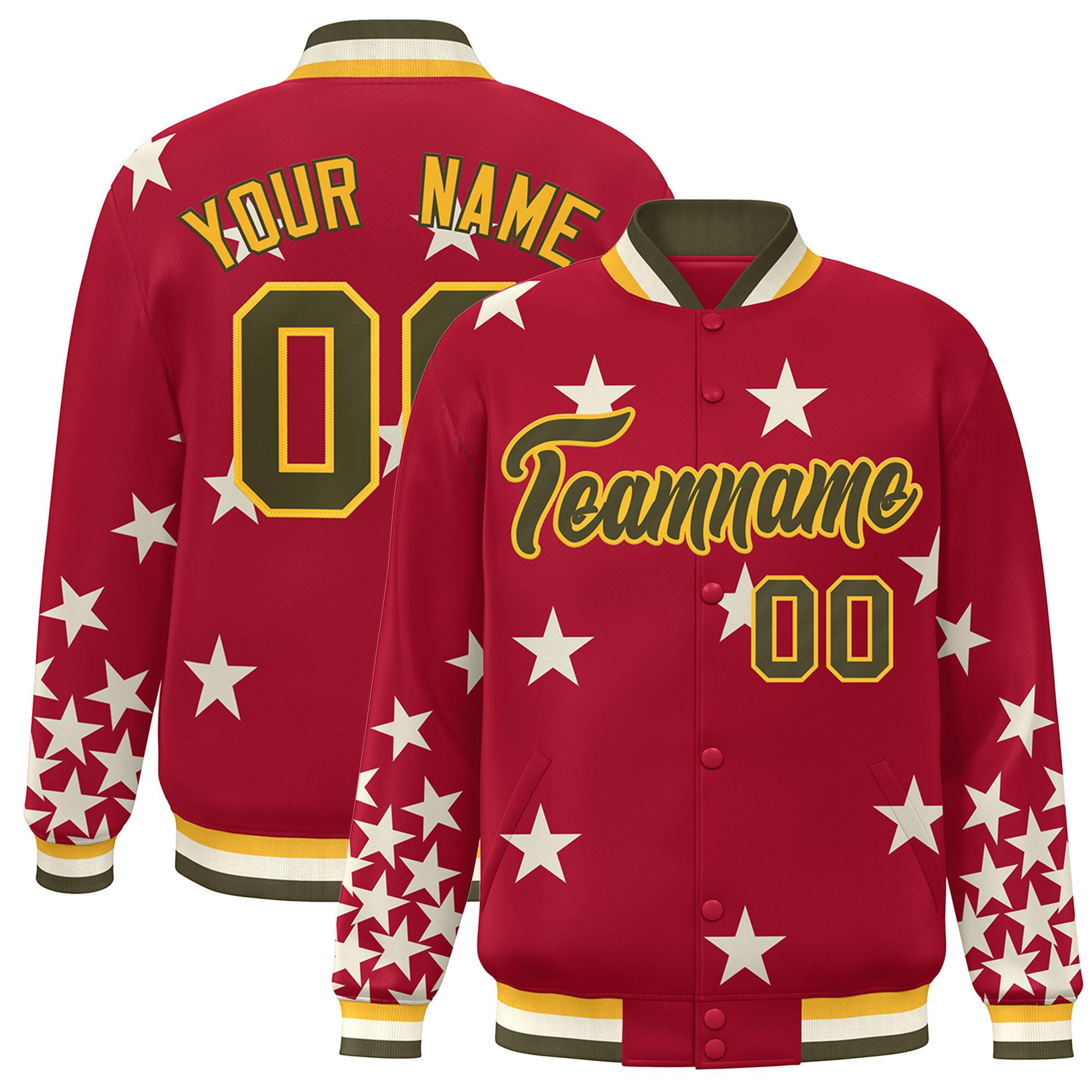 Custom Red Olive-Yellow Star Graffiti Pattern Varsity Full-Snap Bomber Jacket