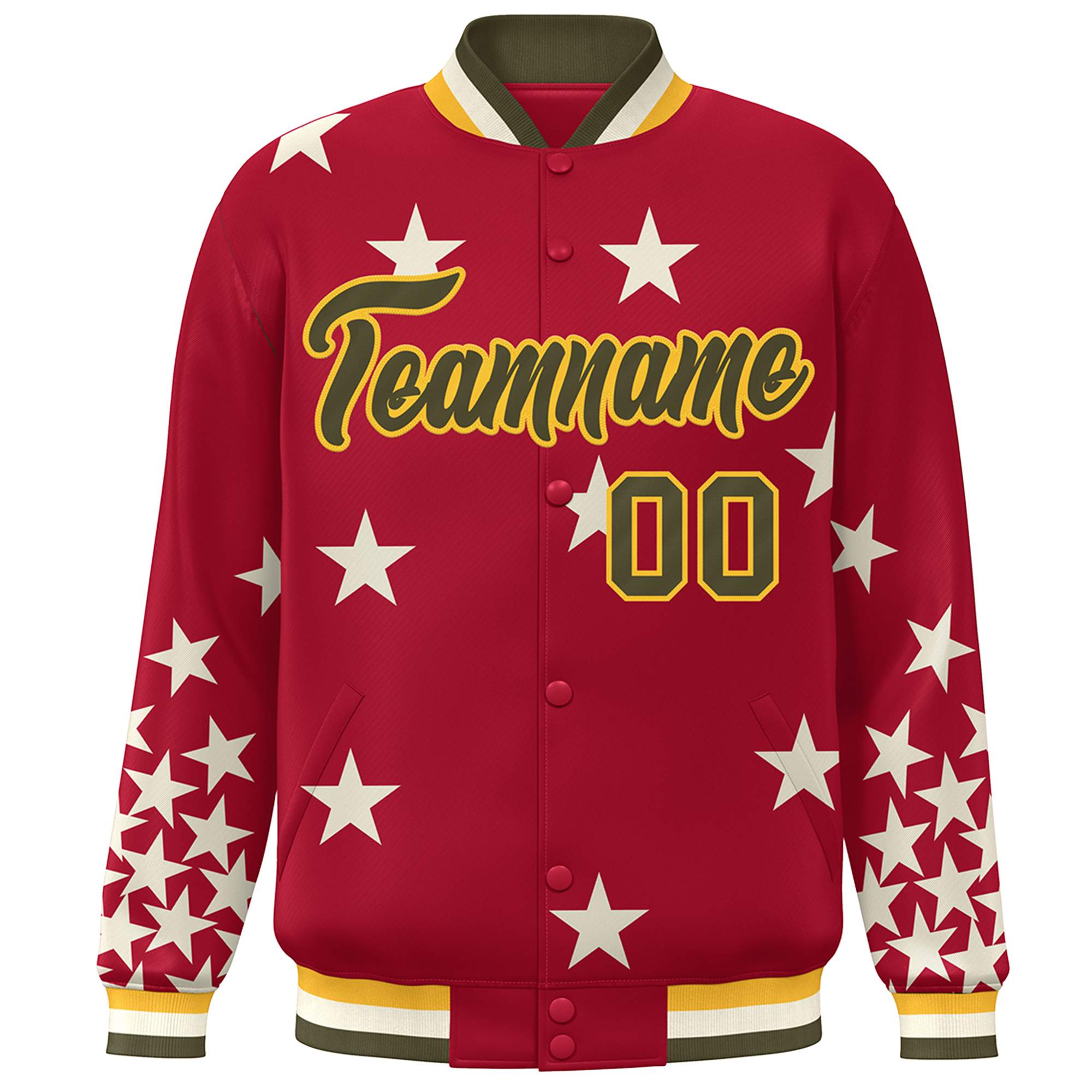 Custom Red Olive-Yellow Star Graffiti Pattern Varsity Full-Snap Bomber Jacket