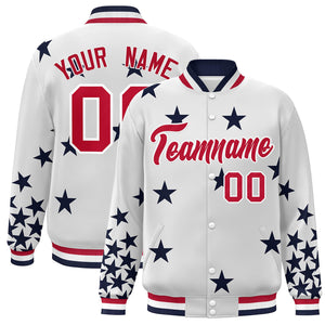 Custom White Red Star Graffiti Pattern Varsity Full-Snap Bomber Jacket