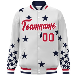 Custom White Red Star Graffiti Pattern Varsity Full-Snap Bomber Jacket