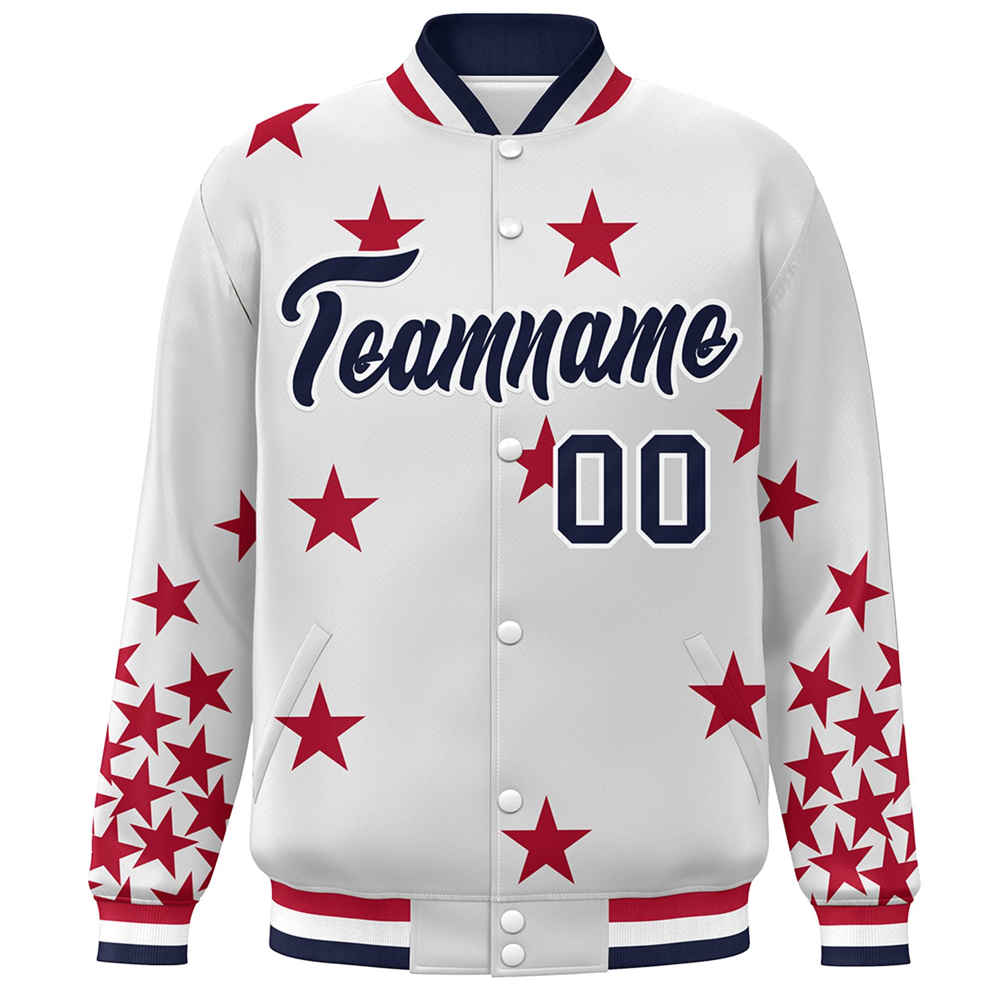 Custom White Navy Star Graffiti Pattern Varsity Full-Snap Bomber Jacket