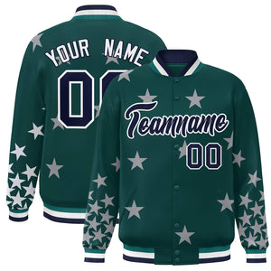 Custom Midnight Green Navy-White Star Graffiti Pattern Varsity Full-Snap Bomber Jacket