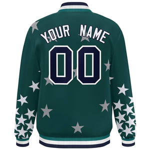 Custom Midnight Green Navy-White Star Graffiti Pattern Varsity Full-Snap Bomber Jacket